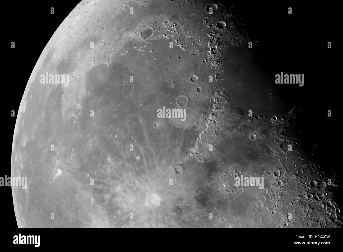 Close-up of the Moon surface. Main objects and areas: Copernicus, Mare Imbrium, Mare Vaporum, Plato, Archimedes, Mare Insularum, Alexander Stock Photo