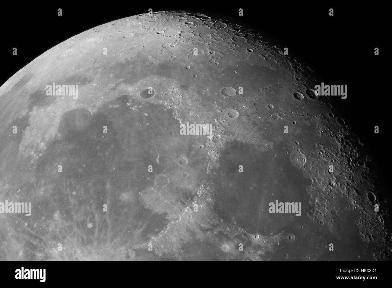 Close-up of the Moon surface. Main objects and areas: Mare Serenitatis, Mare Imbrium, Procellarum basin, Archimedes, Cassini, Aristillus, Plato, Alpin Stock Photo