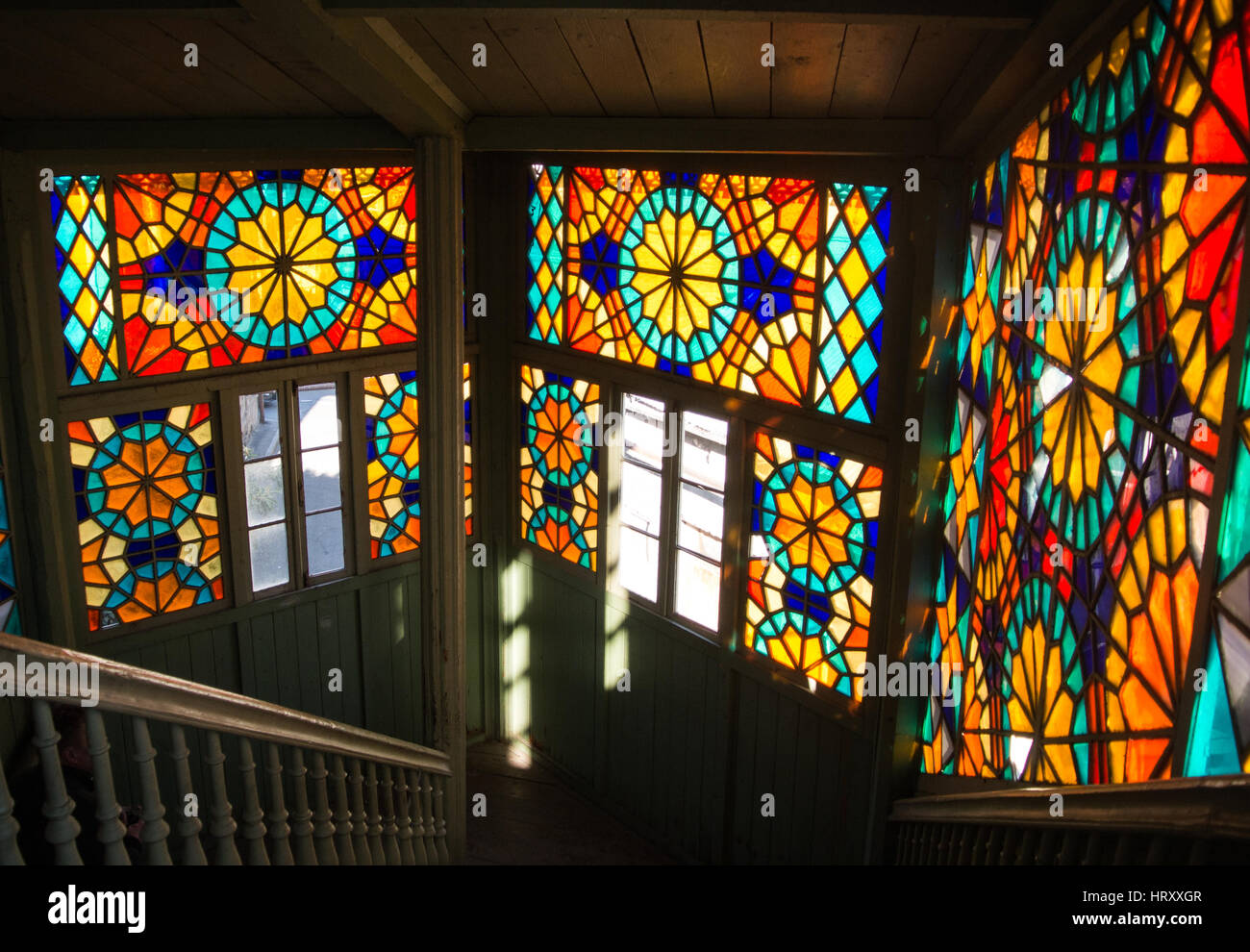 TBILISI, GEORGIA - JANUARY 3, 2016: Interior of an old house with mosaic windows in the old town of Tbilisi, Georgia. Stock Photo