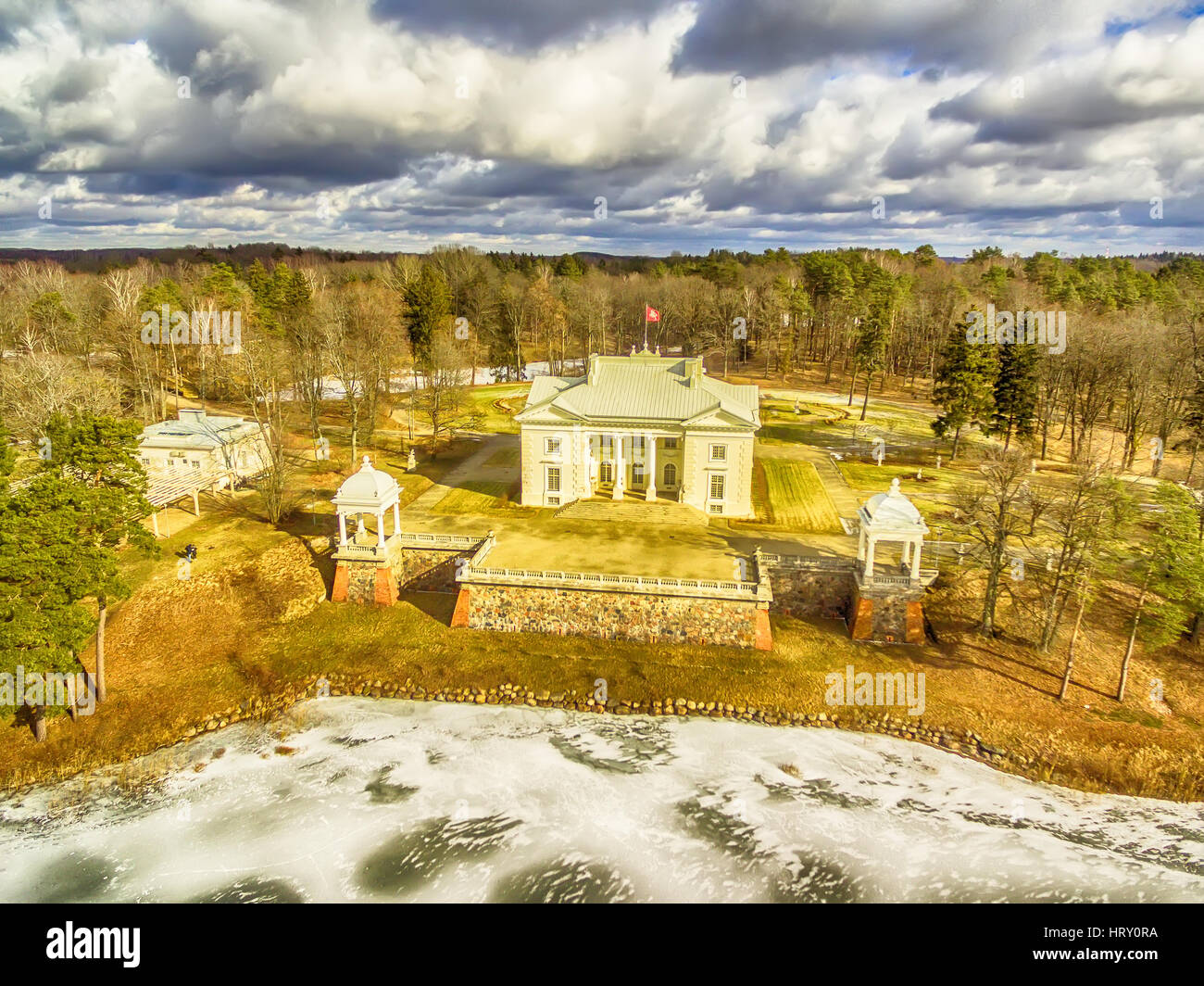 Trakai, Lithuania: Aerial UAV top view of Uzutrakis Palace in the winter Stock Photo