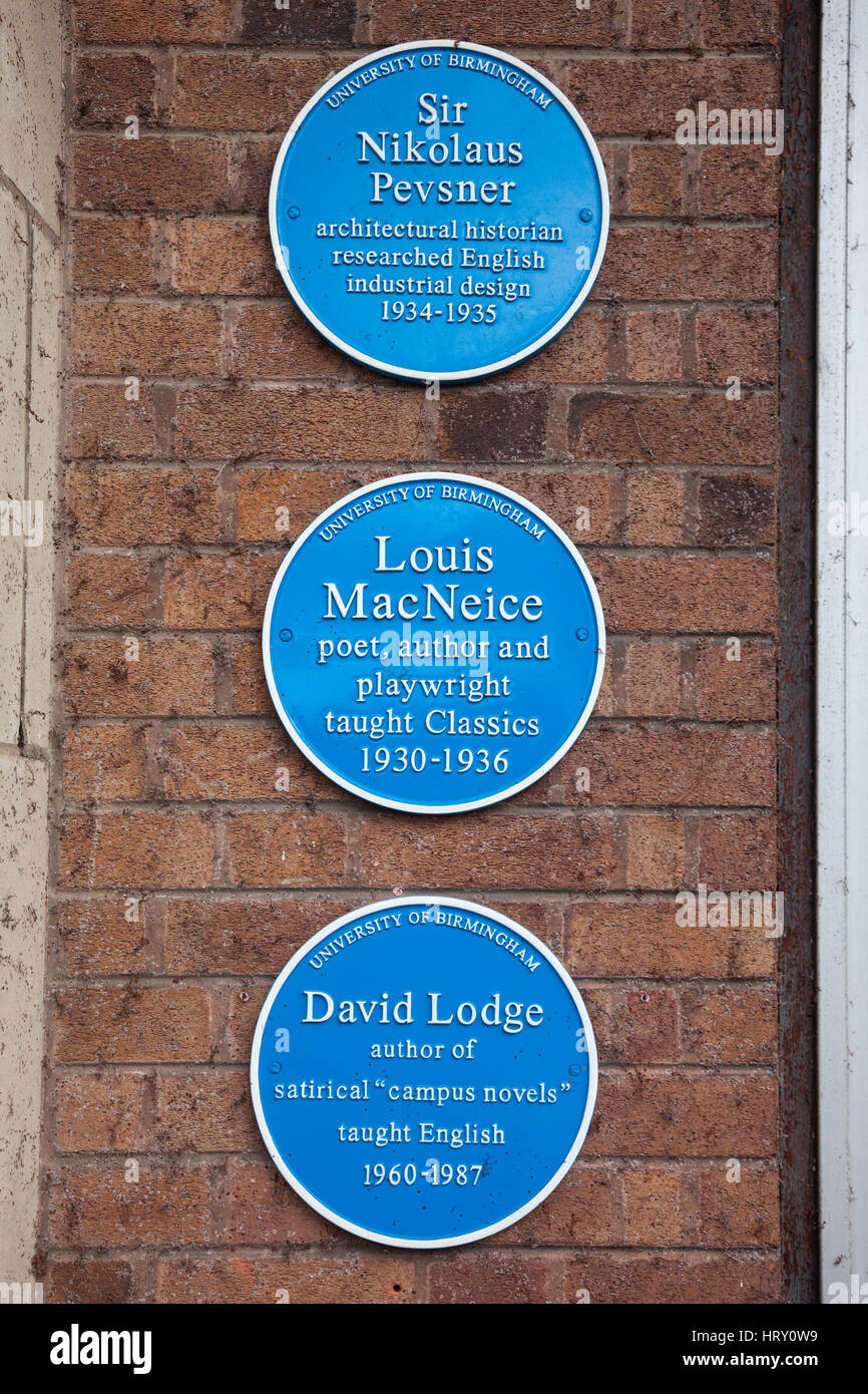 Blue plaques dedicated to Sir Nikolaus Pevsner, Lous MacNiece and David Lodge, on the exterior walls of Birmingham University, UK Stock Photo
