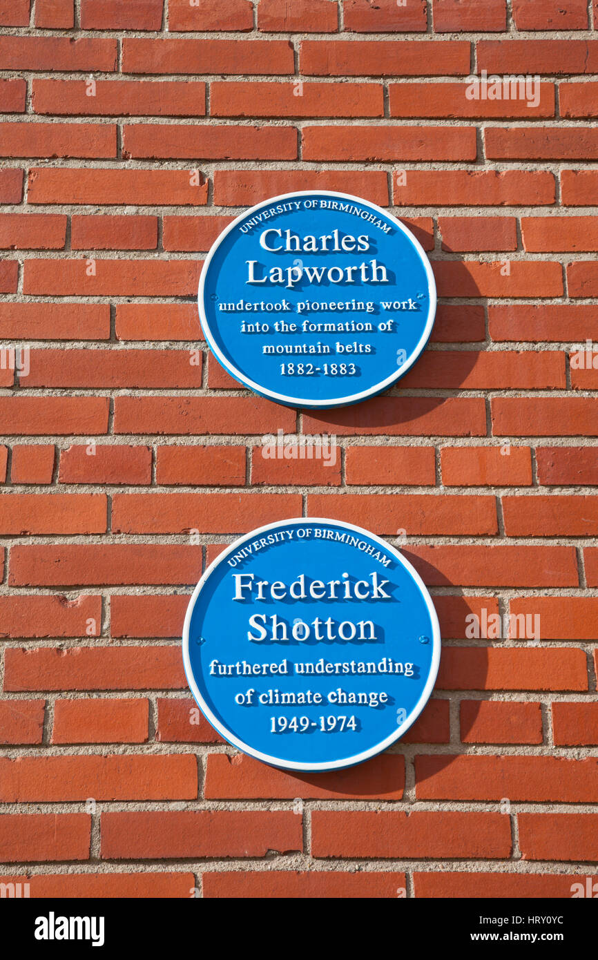 Blue plaques Charles Lapworth and Frederick Shotton, scientists, University of Birmingham UK Stock Photo