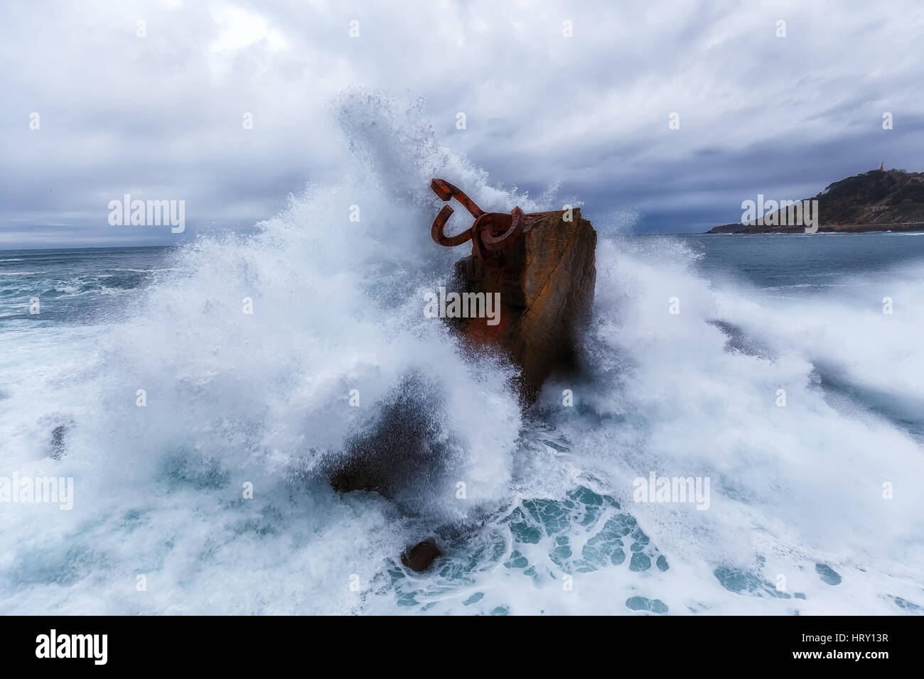 Waves splashing in El peine de los vientos, Chillida's sculpture Stock Photo