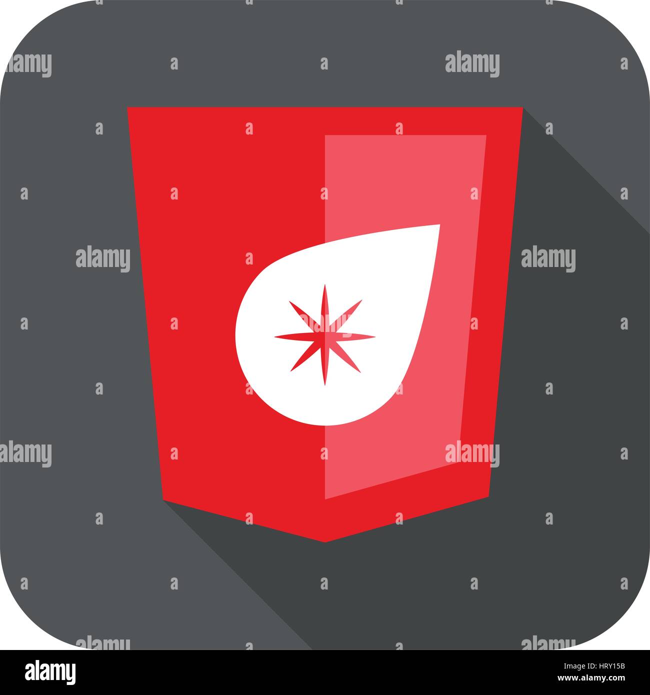 web development shield red drop star sign isolated icon on grey badge with long shadow Stock Vector