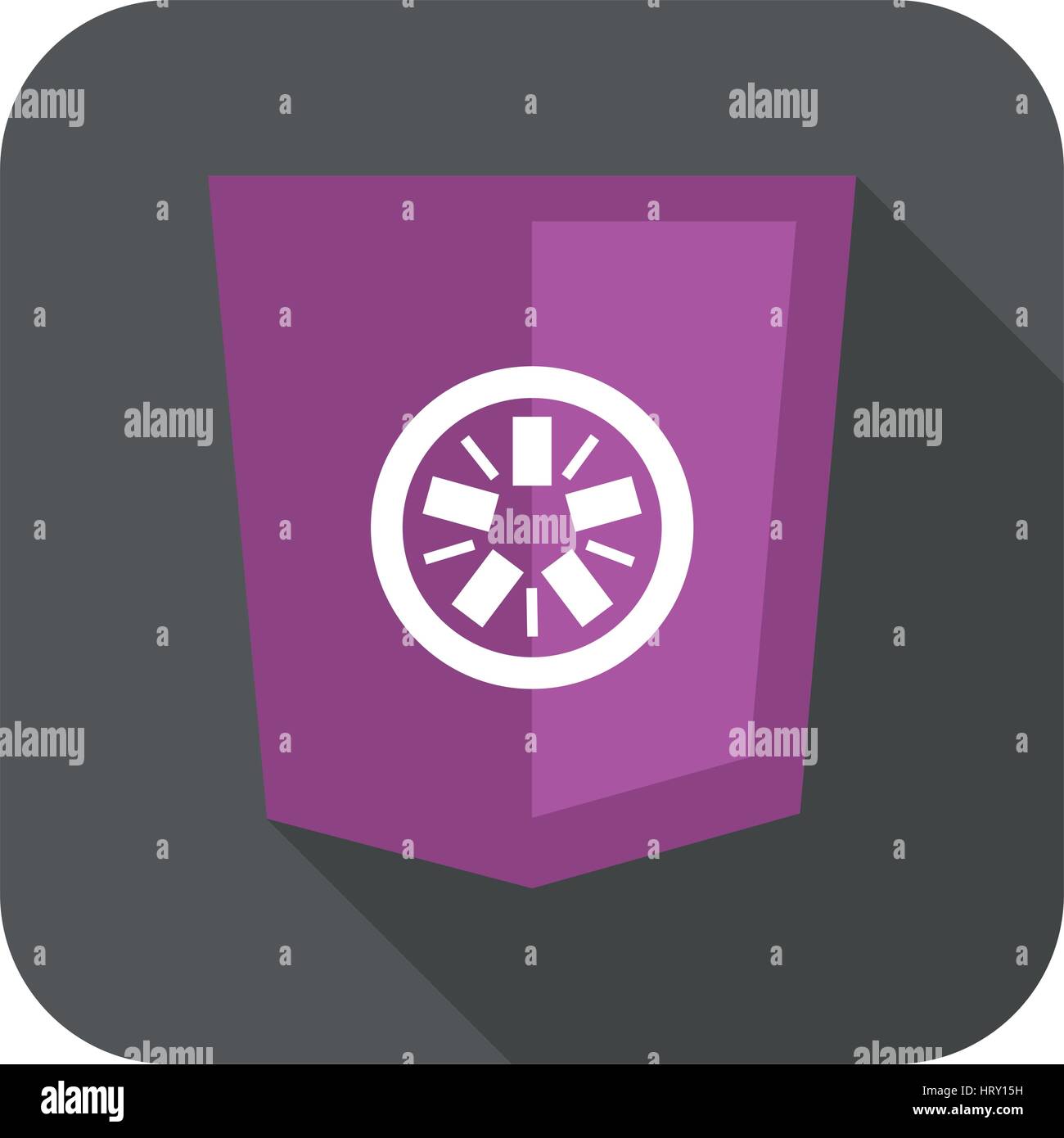 web development shield abstract round violet sign isolated icon on grey badge with long shadow Stock Vector