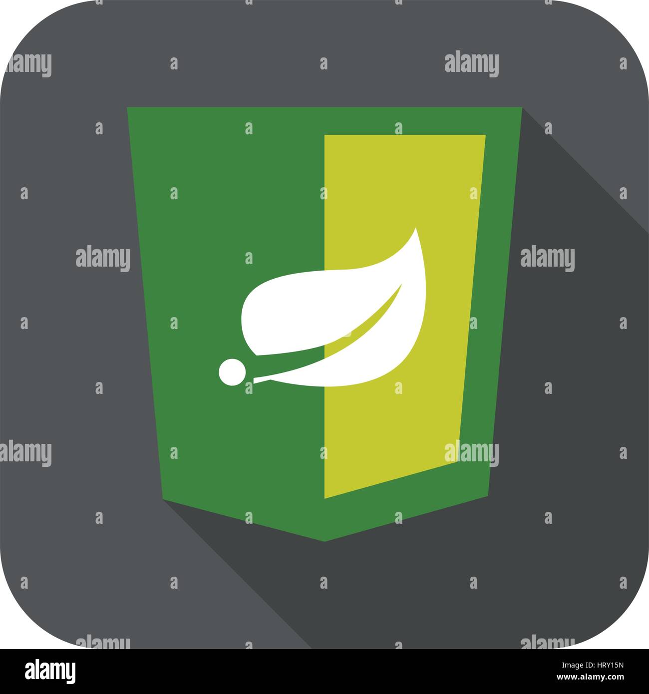 web development shield leaf green sign isolated icon on grey badge with long shadow Stock Vector