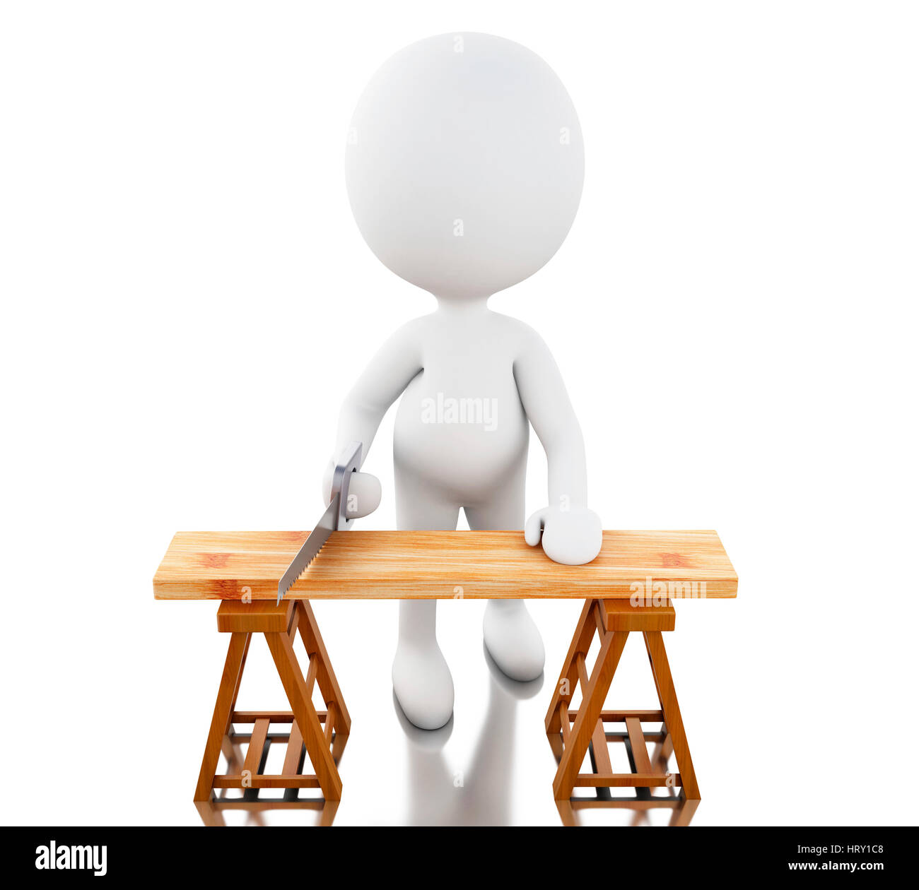 3d renderer image. White people carpenter cutting wood with a handsaw. Isolated white background. Stock Photo