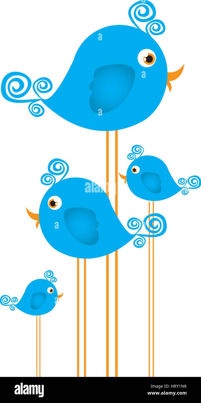 blue cute cartoon birds set with swirl feathers Stock Vector