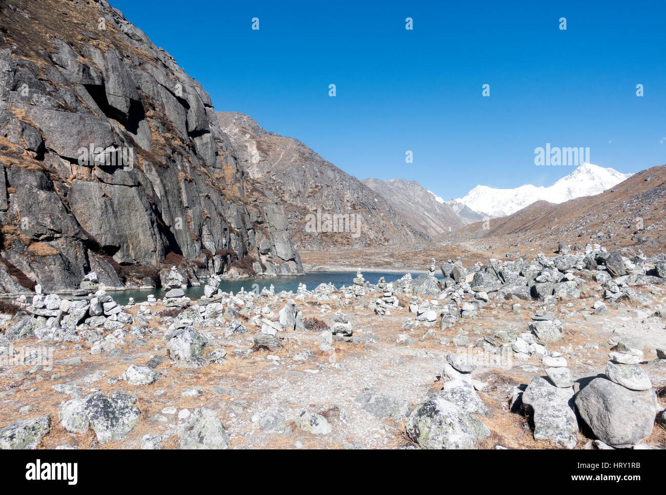 Stone cairns at Goyko Lake, Nepal, Asia Stock Photo