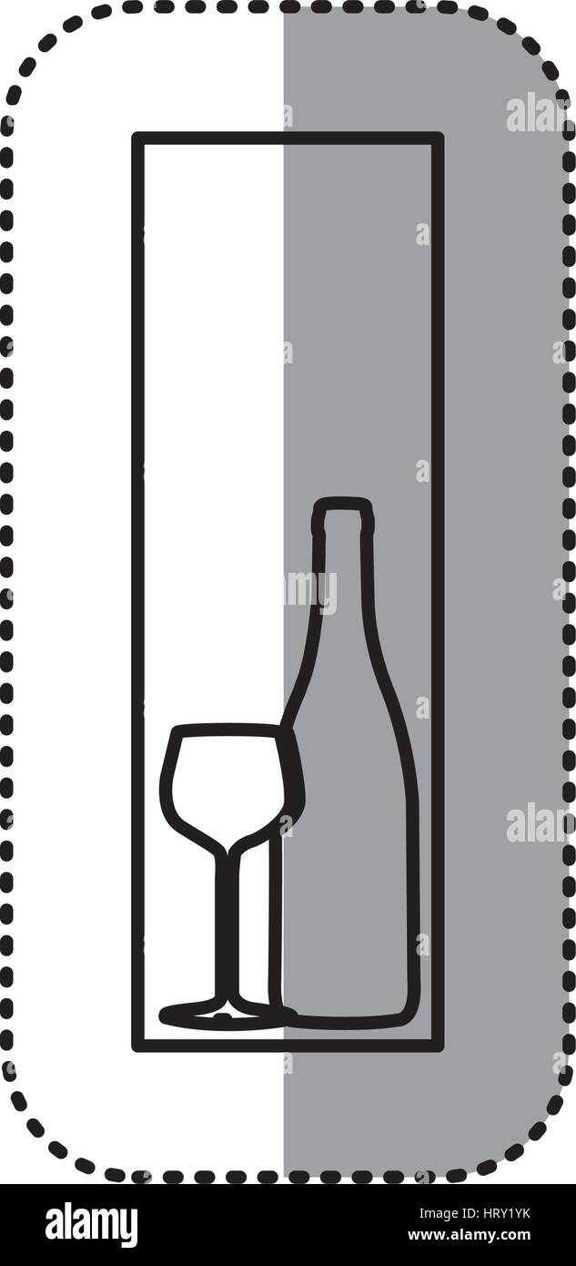 sticker black contour in rectangular frame with glass cup and bottle ...