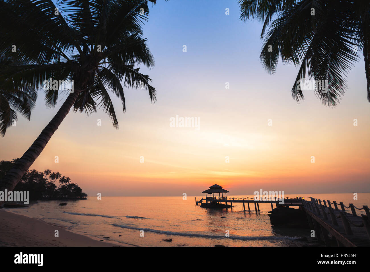 tropical beach background, beautiful sunset landscape with silhouettes of palm trees, vacation Stock Photo