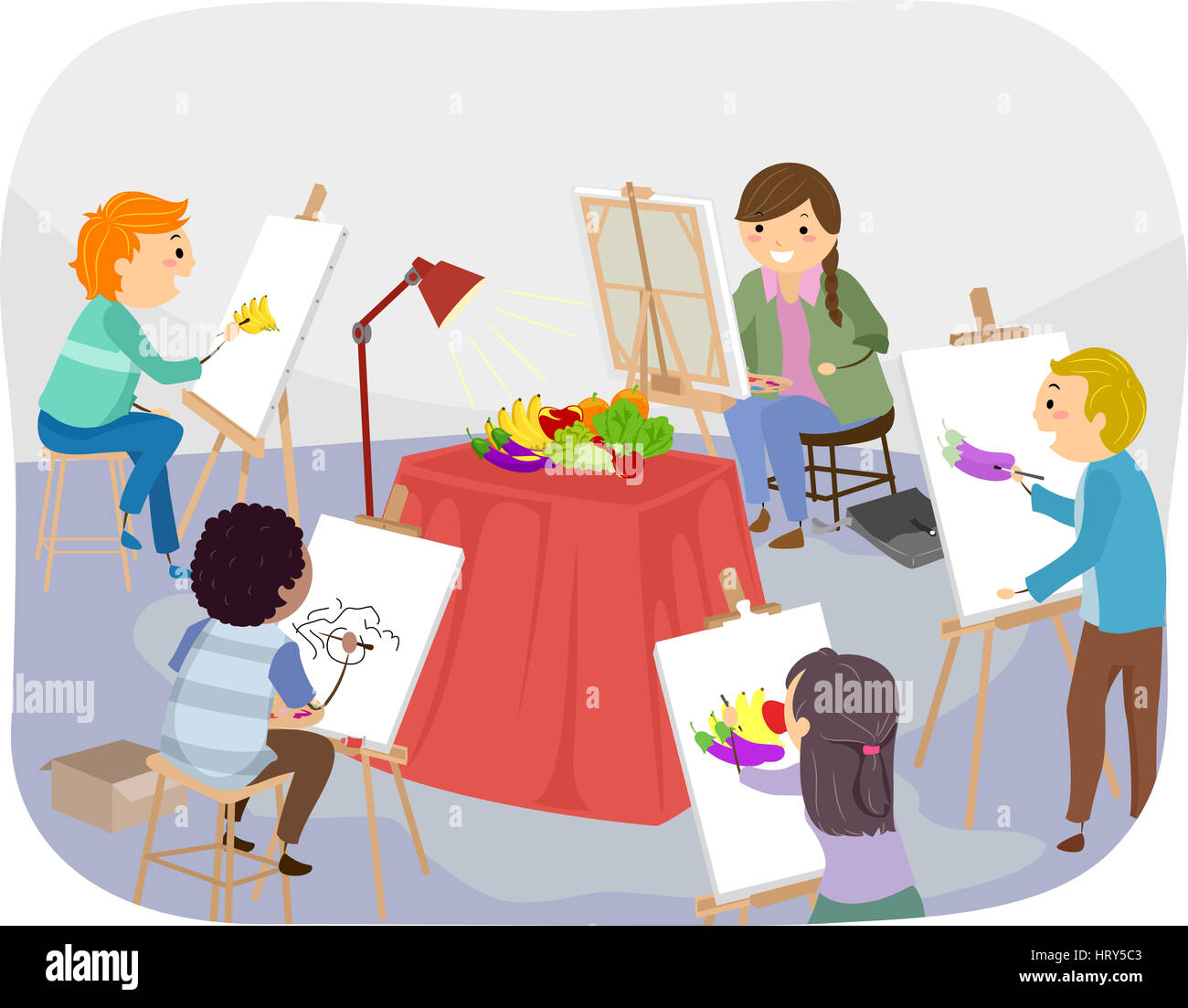 Illustration of Teens Painting Fruits Inside a Studio Stock Photo