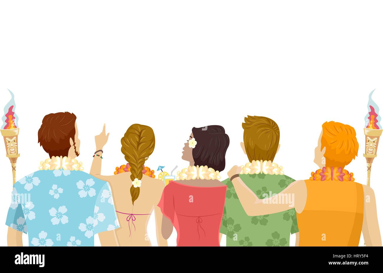 Back View Illustration of Teens Wearing Hawaiian-Themed Outfits Stock