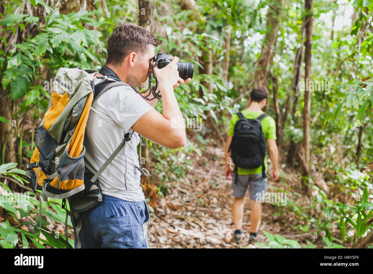 nature photographer in tropical jungle, group of tourists hiking in the forest, man taking photo with big camera Stock Photo