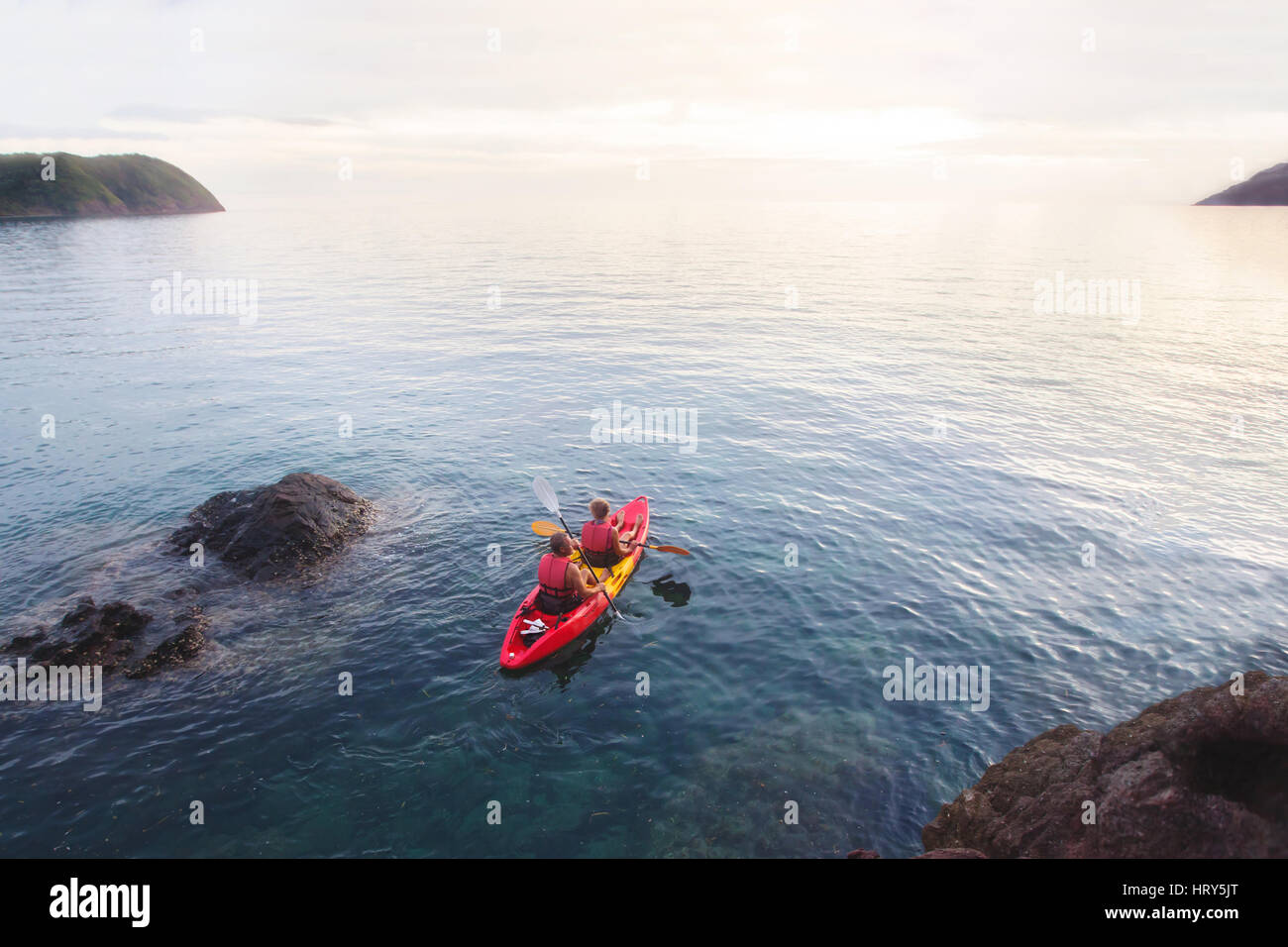 aerial view of kayak in the sea at sunset beach Stock Photo