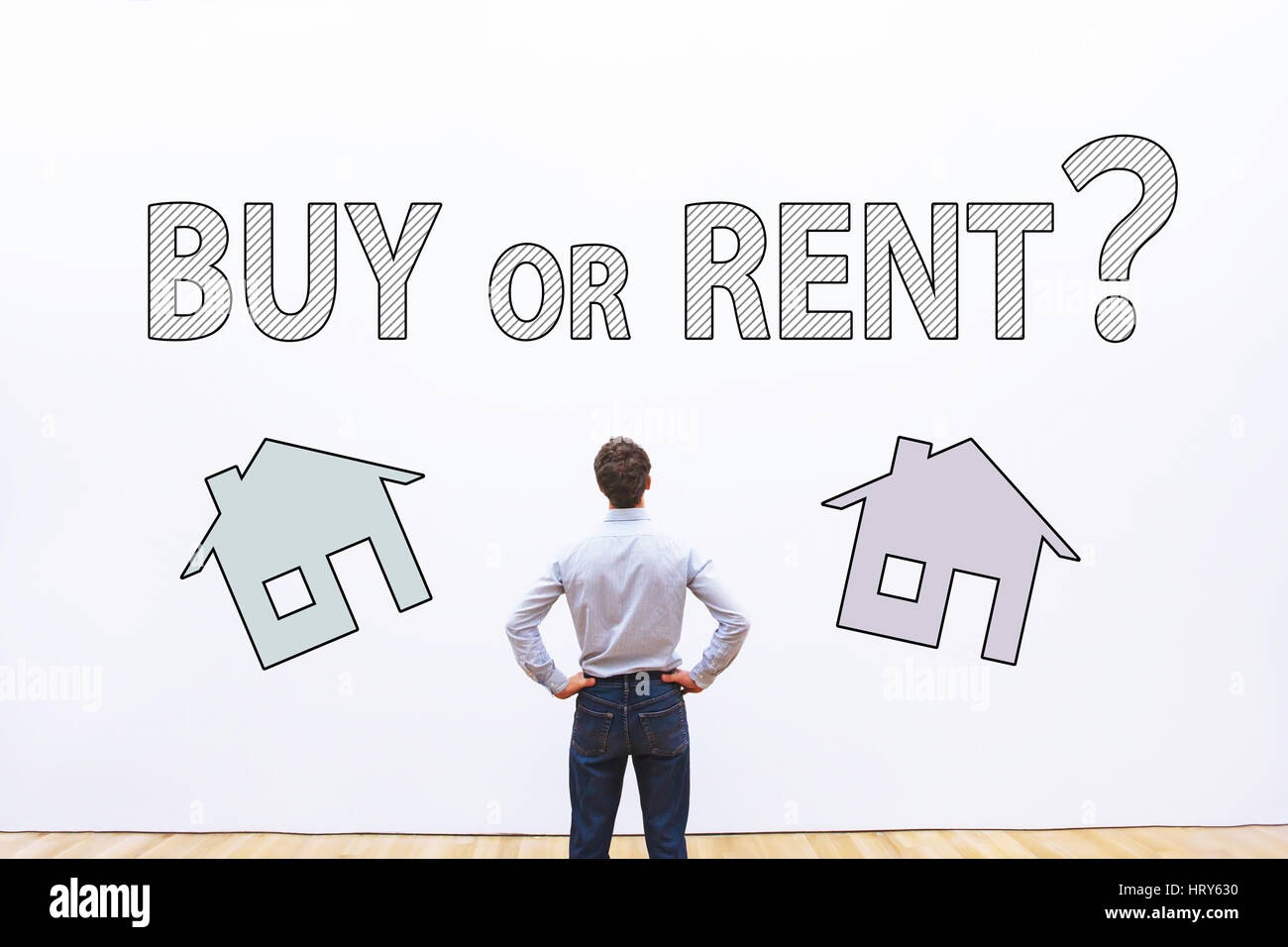 buy or rent concept, real estate question,  businessman making decision Stock Photo