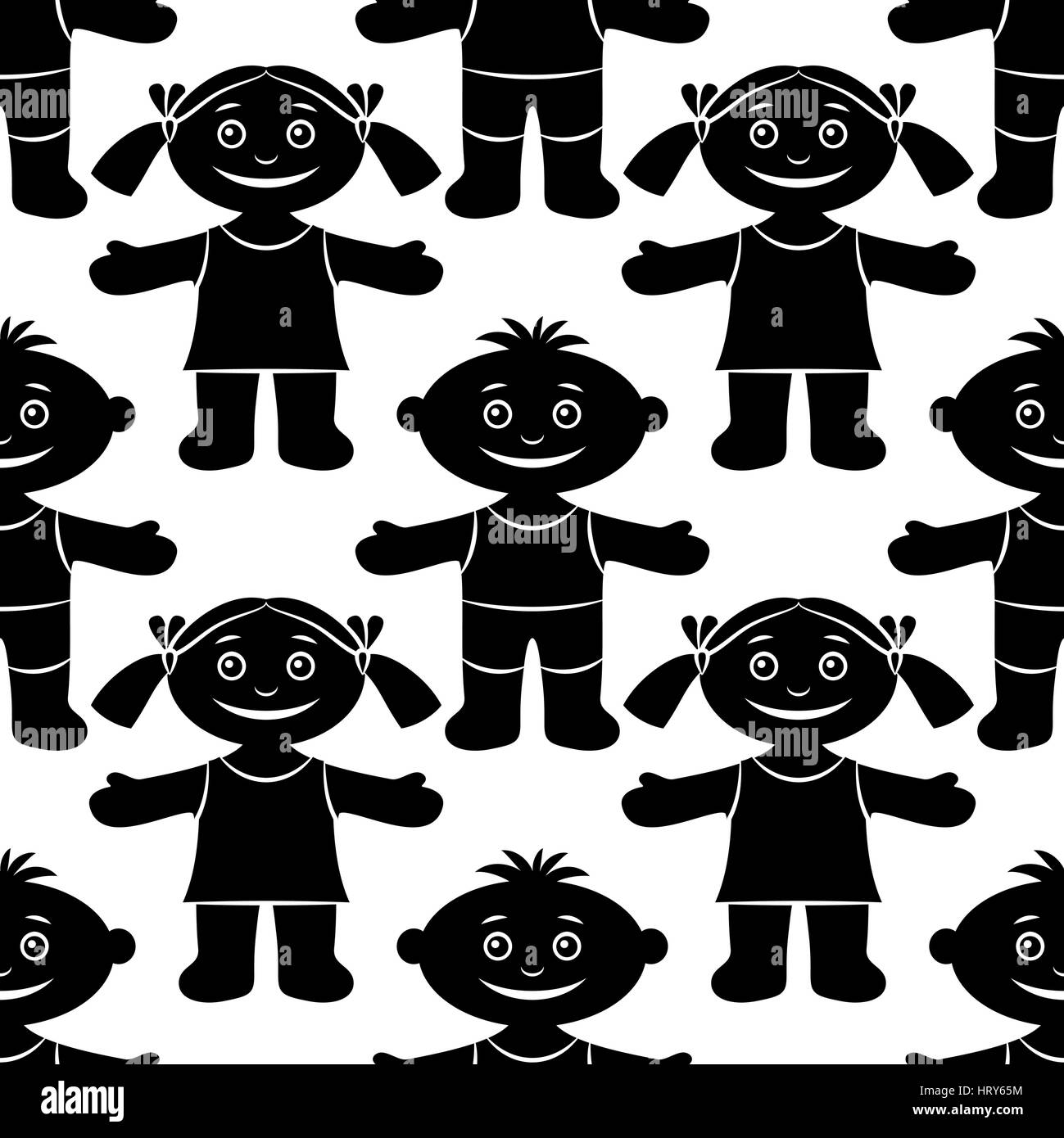 Seamless Pattern with Funny Children, Cartoon People, Happy Little Boys and Girls, Standing with Arms Wide Open and Smiling, Black Silhouettes Isolate Stock Vector