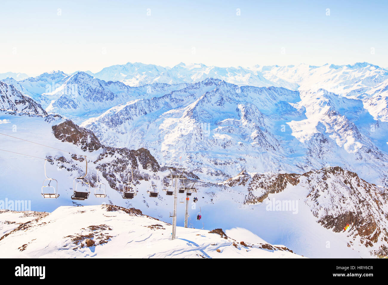 ski station in the mountains, lift and panoramic winter landscape Stock Photo