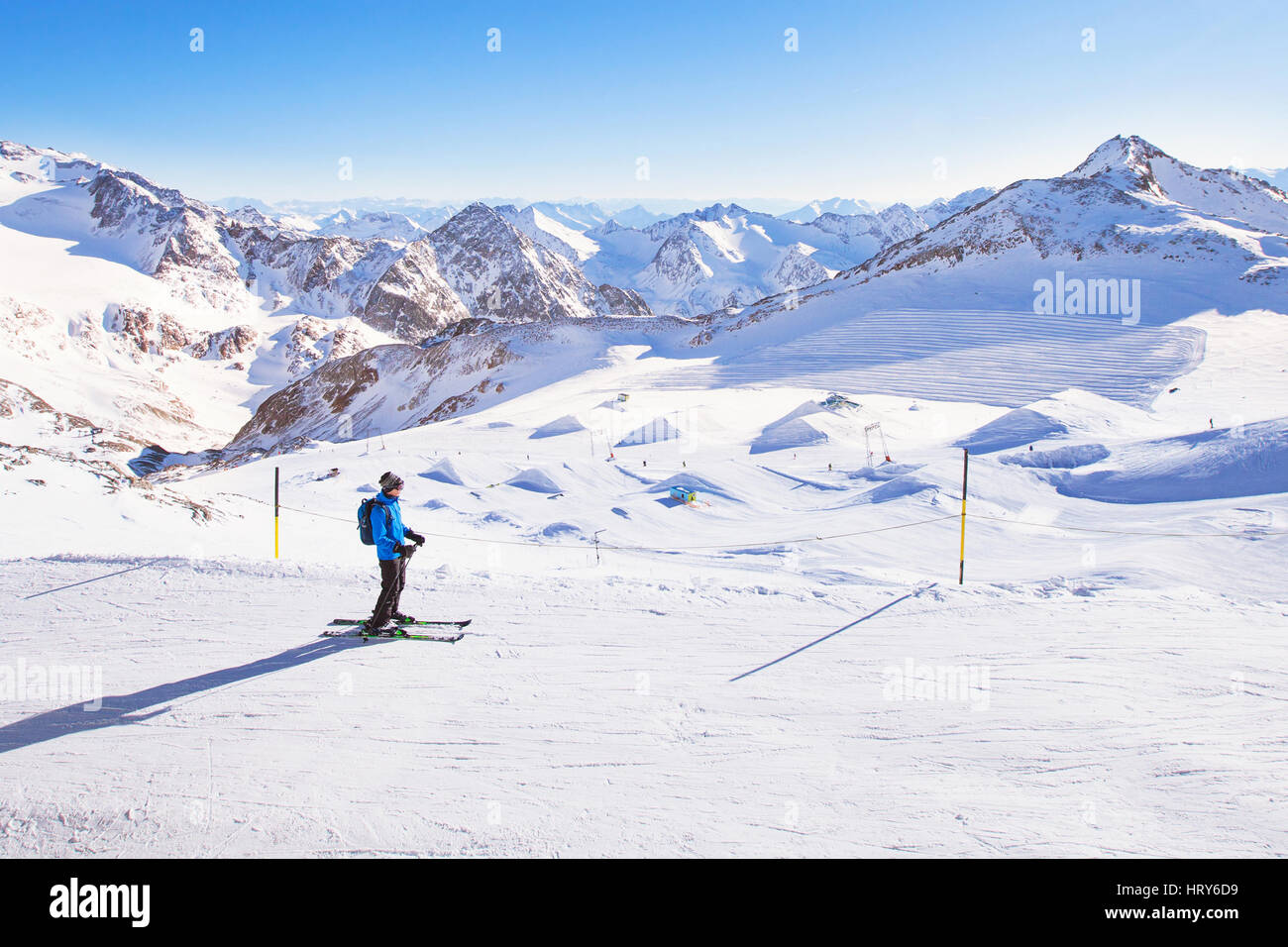 skiing downhill in mountains, winter holidays in Austria, Stubai Stock Photo