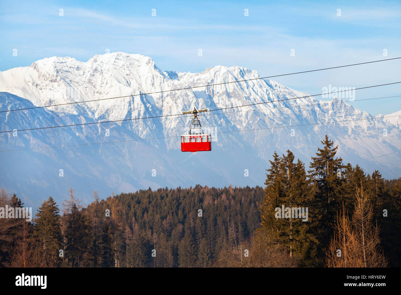 ski lift in Alps, beautiful winter mountain landscape of Patscherkofel, Igls, Austria Stock Photo