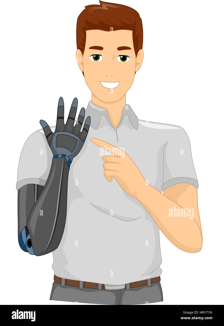 Illustration of a Proud Man Pointing to His Prosthetic Arm Stock Photo