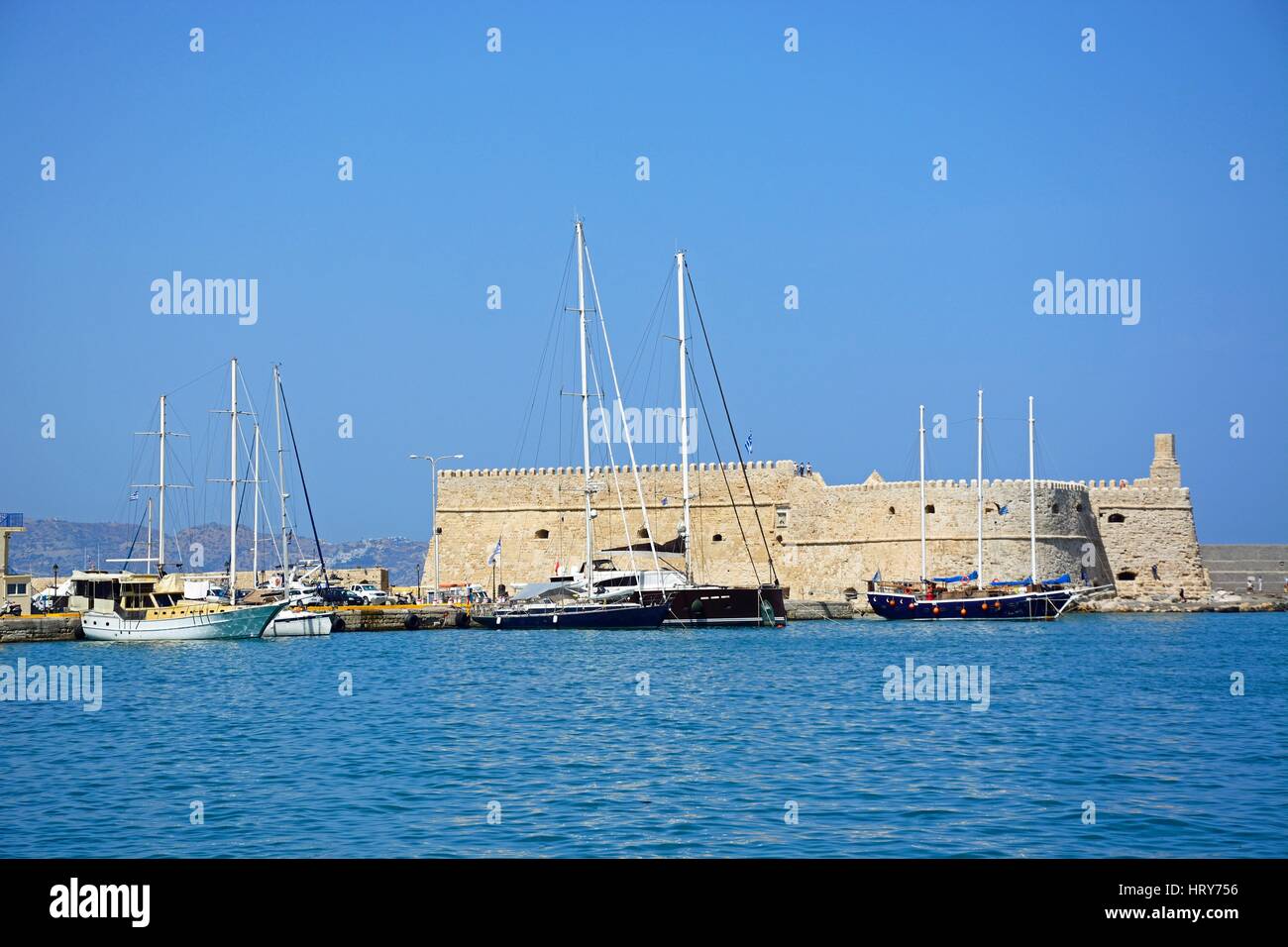 View of Koules castle with yachts in the harbour, Heraklion, Crete, Greece, Europe. Stock Photo