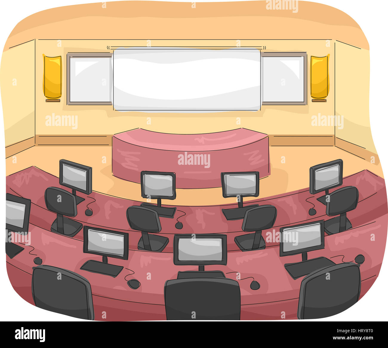 Illustration of a Multimedia Room with Individual Computers Assigned to Each Seat Stock Photo