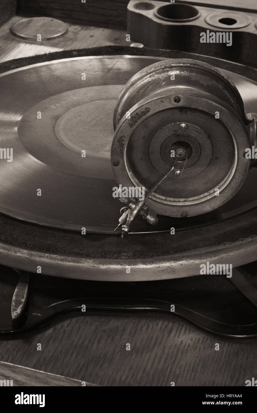 Antique Gramophone Phonograph 2 - Vintage Gramophone Phonograph Closeup With Turntable and Needle Stock Photo
