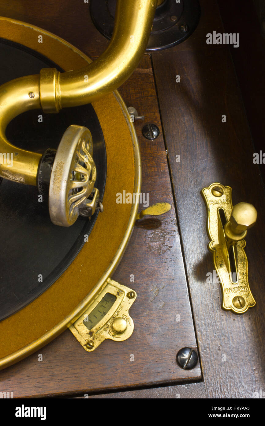 Antique Gramophone Phonograph 1 - Vintage Gramophone Phonograph Closeup With Turntable and Needle Stock Photo