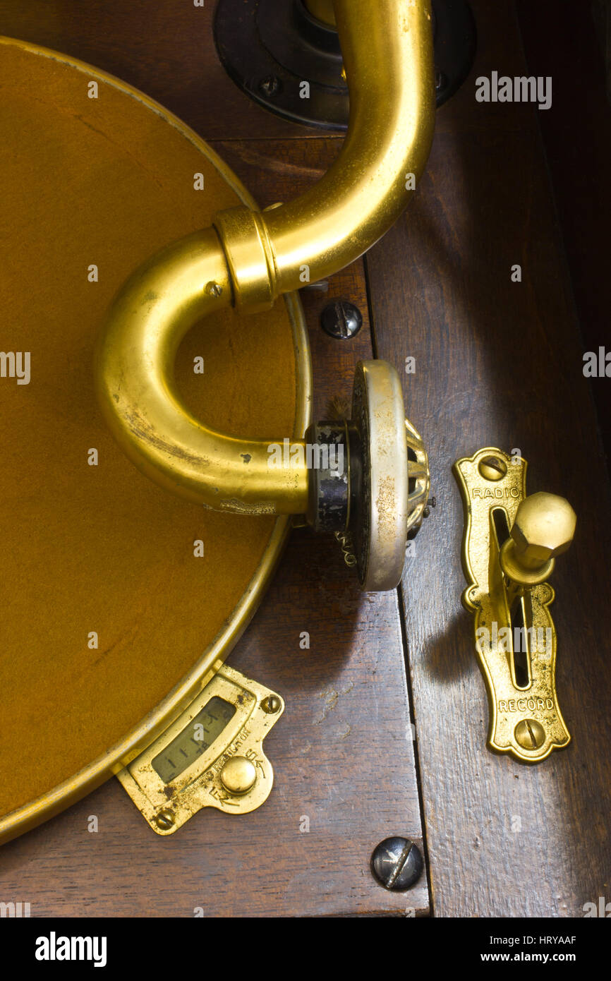 Antique Gramophone Phonograph 6 - Vintage Gramophone Phonograph Closeup With Turntable and Needle Stock Photo
