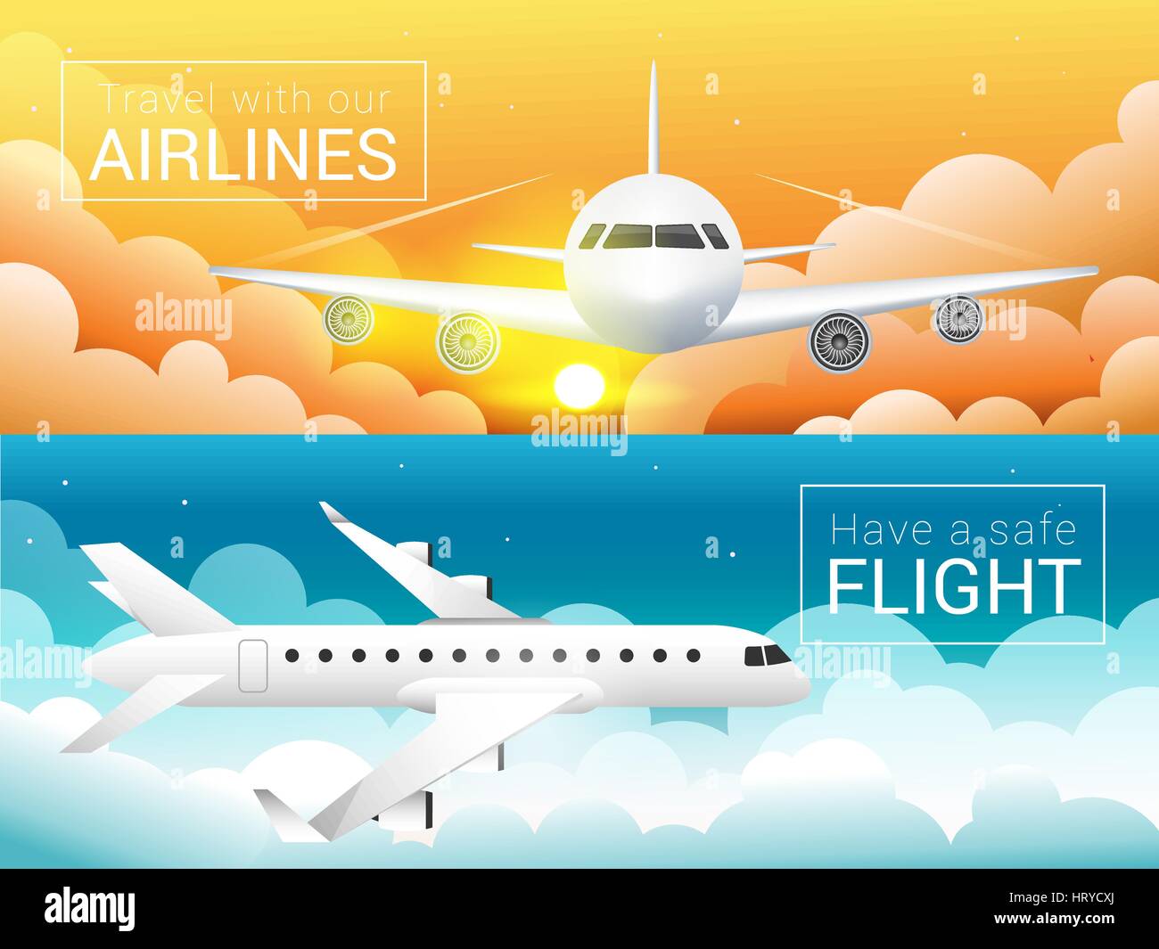 Passenger airplane at sunset sky clouds,,safe flight across the sky Stock Vector