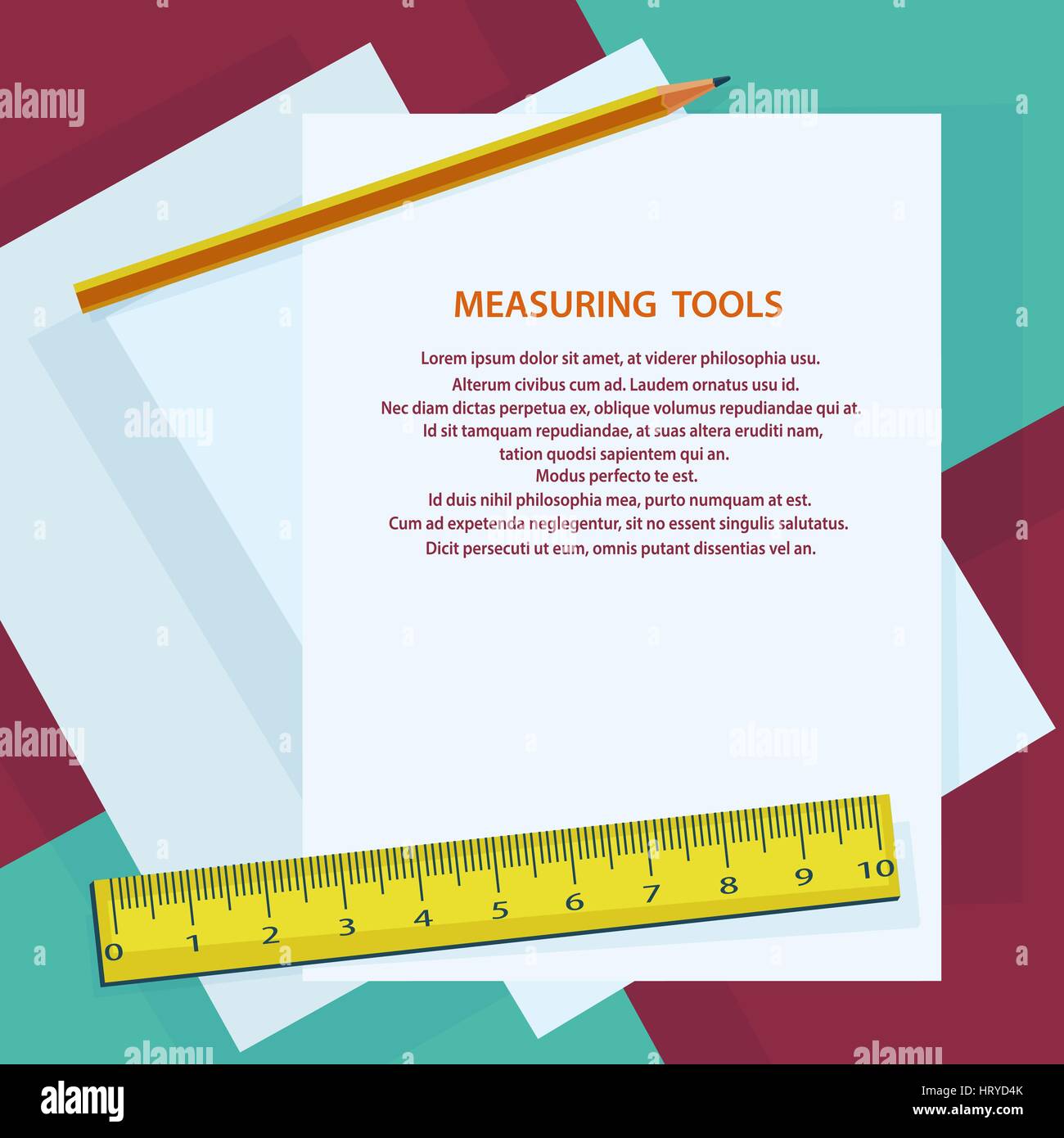 Measuring instruments, ruler, pencil, against sheets of paper Stock Vector