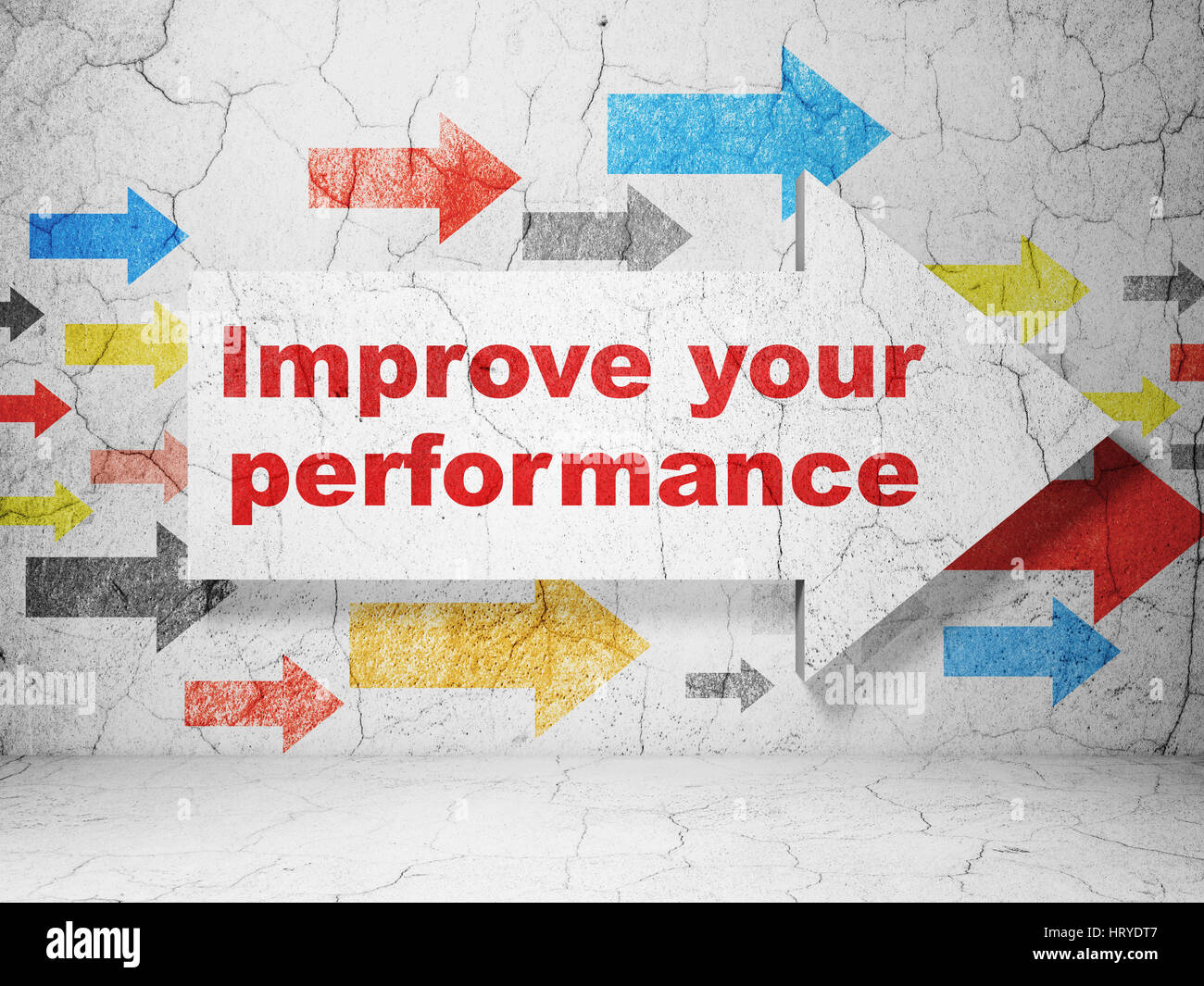 Learning concept: arrow with Improve Your Performance on grunge wall ...