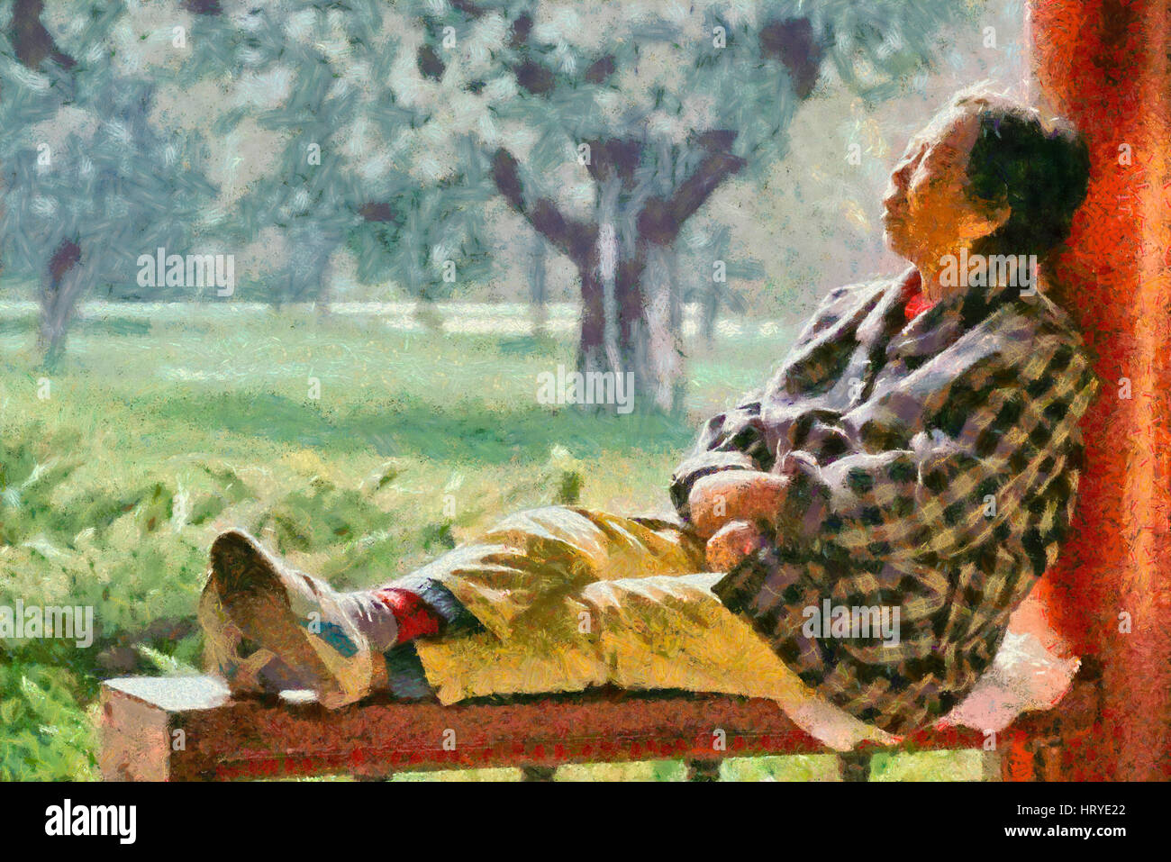 Sleeping woman in Temple of Heaven park in Beijing, China Stock Photo