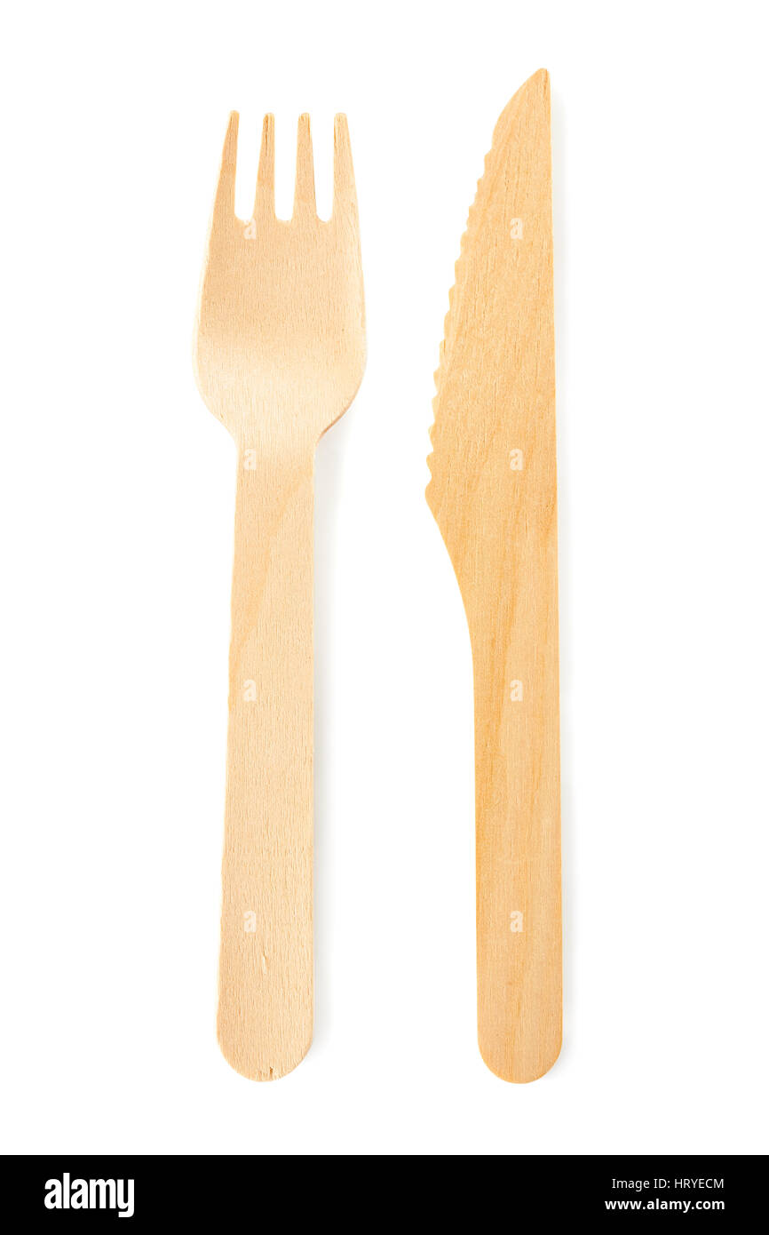 Disposable wooden knife and fork on white Stock Photo