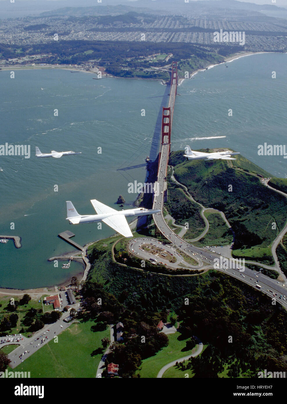 LOCKHEED U-2 ER-2 version reconnaissance aircraft from the NASA Ames Research Centre over the Golden Gate Bridge, San Francisco on a demonstration flight in April 1996. ER stands for Earth Resource. Photo: NASA Stock Photo