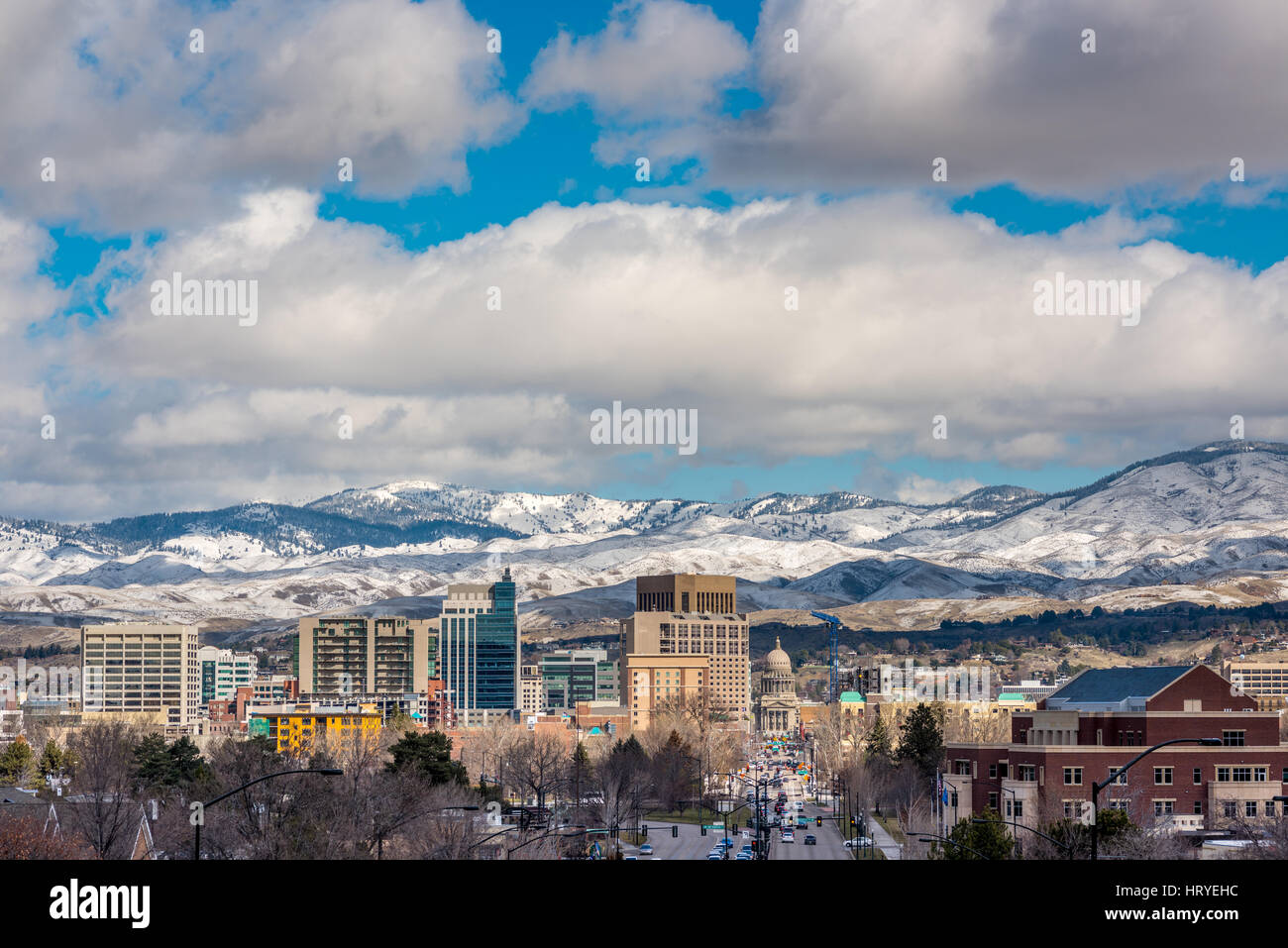 Skyline of Boise with snow in the foothills Stock Photo Alamy