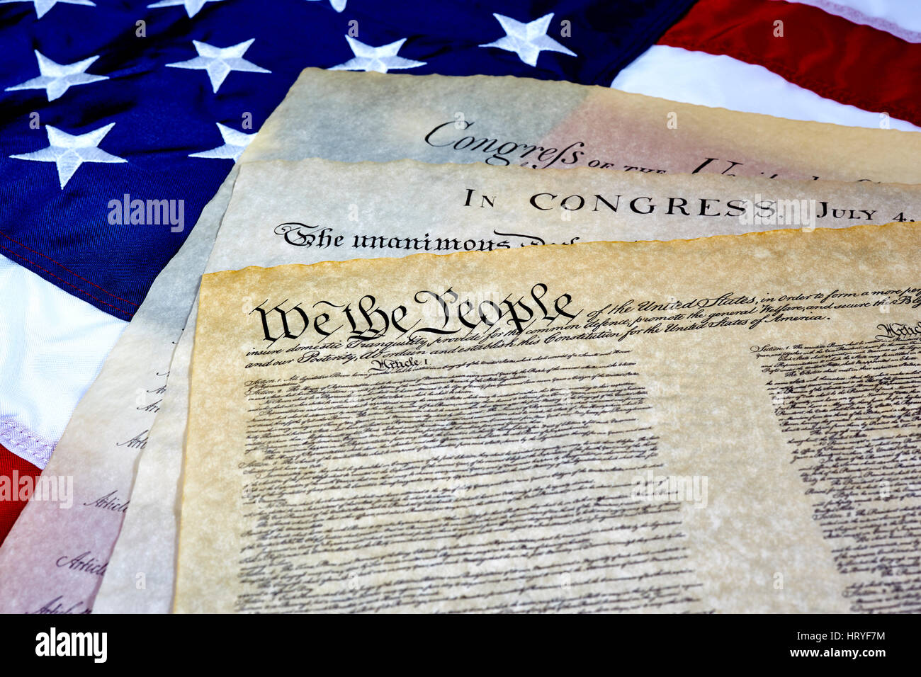 US Constitution with Bill of Rights and Declaration of Independence on an  American Flag Stock Photo - Alamy