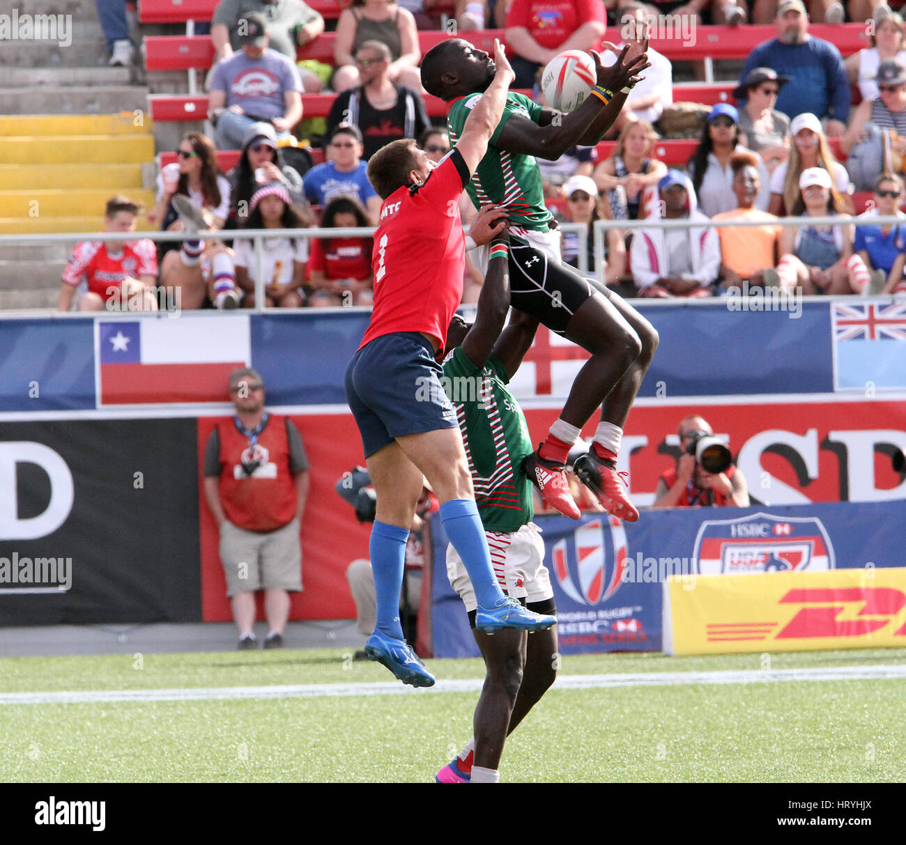 March 5, 2017 - Kenyan Billy Odhiambo is tackled by Russian Dmitry Suhkin during the 2017 USA Sevens International Rugby Tournament game between Kenya and Russia on March 4, 2017 at Sam Boyd Stadium in Las Vegas, Nevada Credit: Marcel Thomas/ZUMA Wire/Alamy Live News Stock Photo