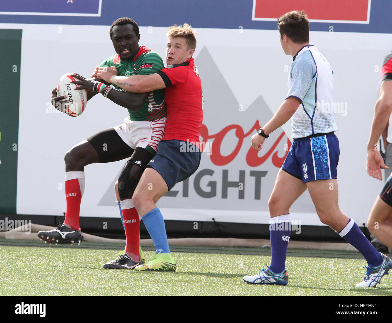 Las Vegas, Nevada, USA. 5th Mar, 2017. Kenyan Collins Injera is tackled ...