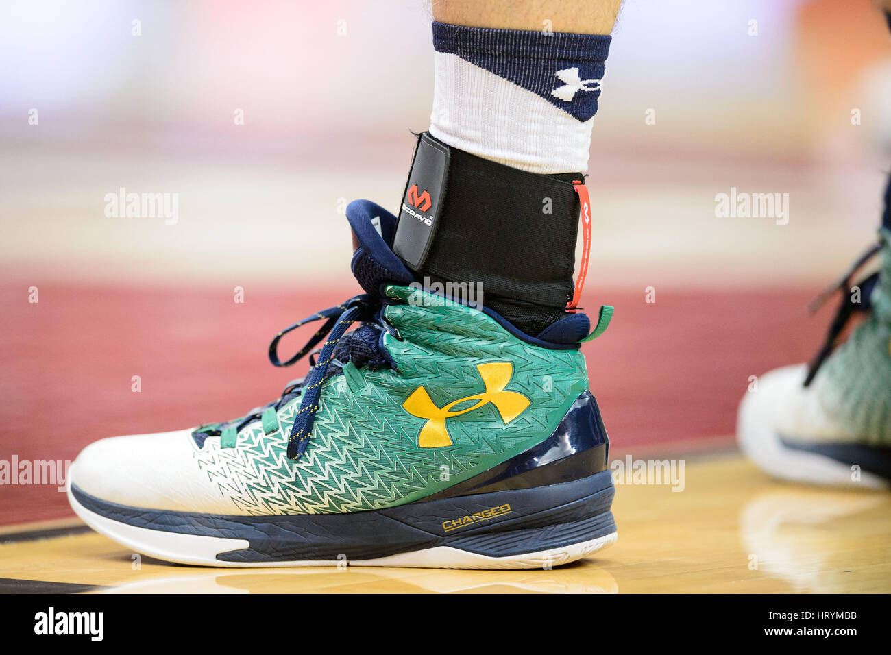 The shoes of Notre Dame forward Martinas Geben (23) during the NCAA College  Basketball game between the Louisville Cardinals and the Notre Dame  Fighting Irish at the KFC Yum! Center on Saturday