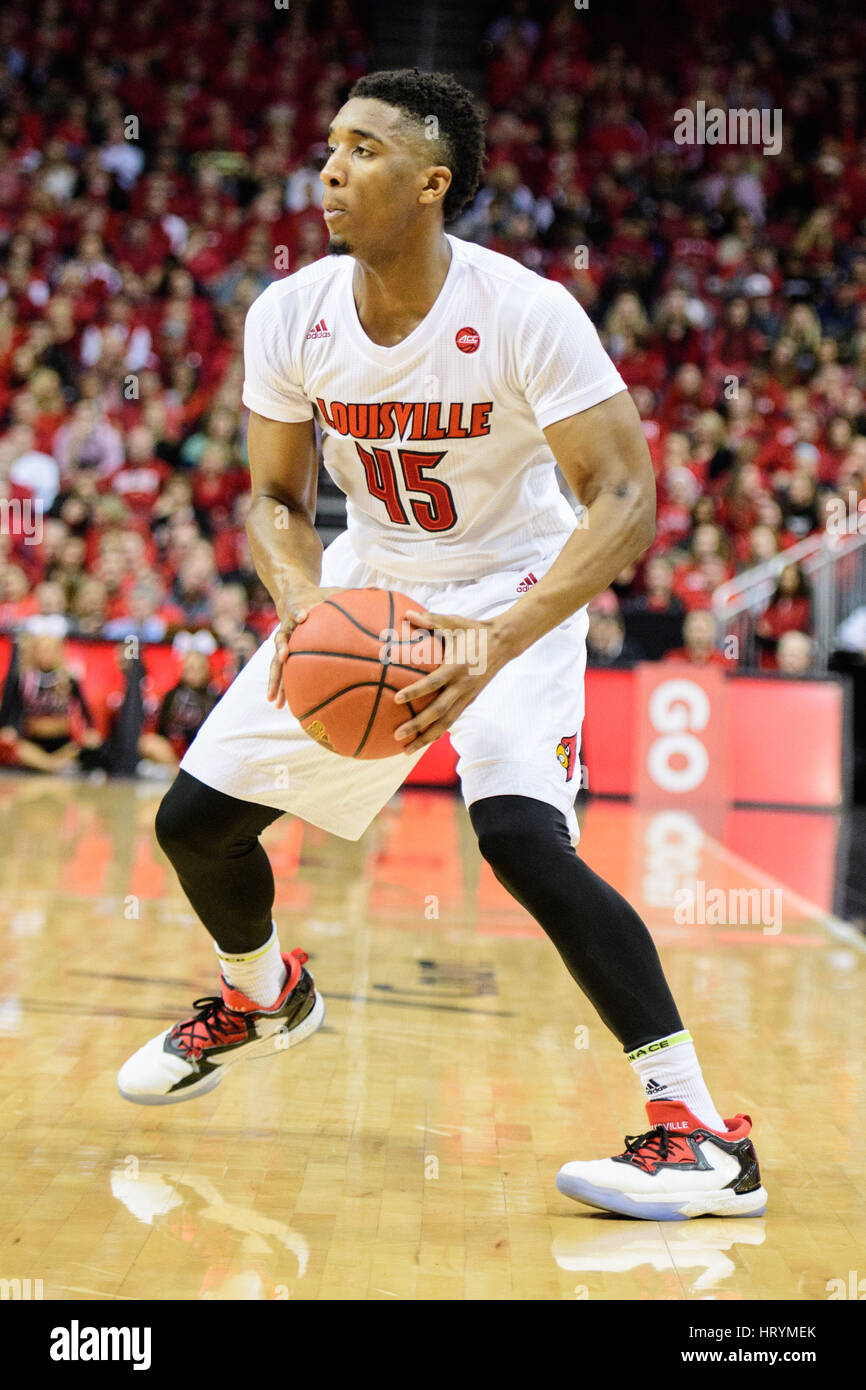 Louisville guard Donovan Mitchell 45 during the NCAA College Basketball game between the Louisville Cardinals and the Notre Dame Fighting Irish at the KFC Yum Center on Saturday March 4 2017 in