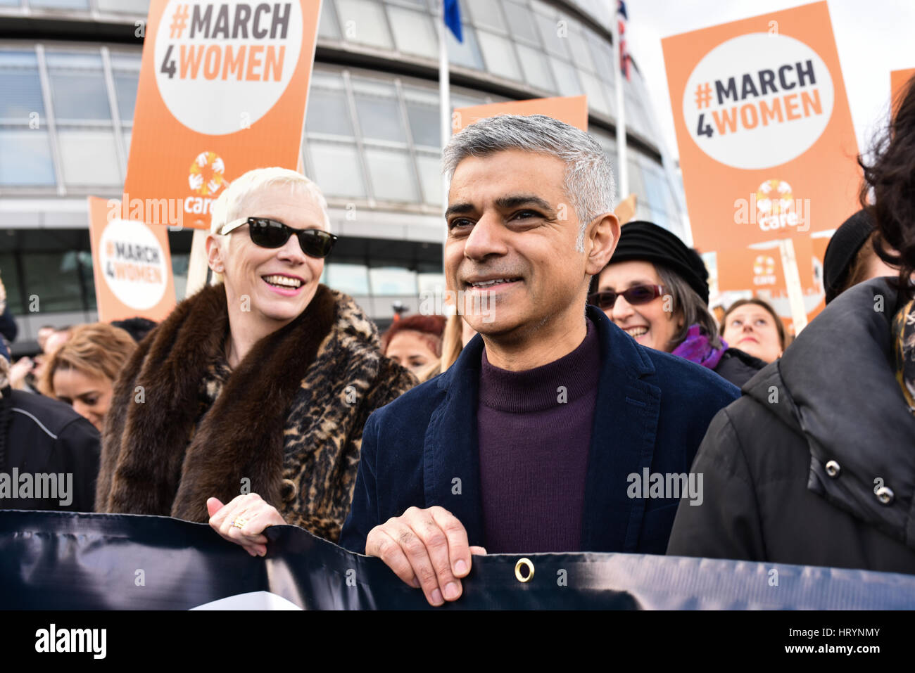 London, UK. 5th Mar, 2017. London Mayor Sadiq Khan leads the Care International Women's March across Tower Bridge, alongside Annie Lennox. Hundreds of protesters gathered to hear speeches, music and protest in central London for women's rights. Credit: Jacob Sacks-Jones/Alamy Live News. Stock Photo