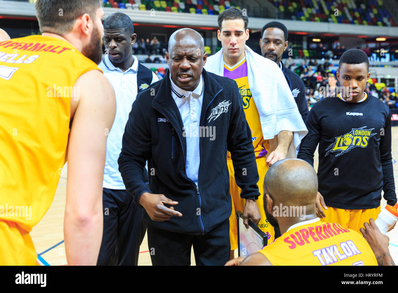 Copper Box Arena, London, 5th Mar 2017. Lions' coach Nigel Lloyd is not happy with his team's performance. Tensions run high in the BBL Championship game between home team London Lions and visitors Leeds Force. London Lions loose 81-92. Credit: Imageplotter News and Sports/Alamy Live News Stock Photo