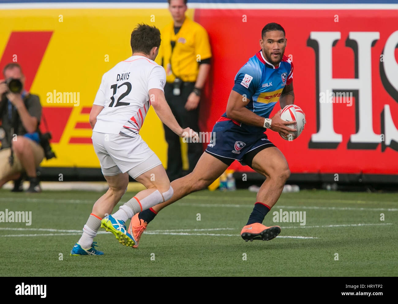 Las Vegas, NV, USA. 4th Mar, 2017. Martin Iosefo #12 of USA in action during Pool B play of the rugby sevens match between the USA and England at Sam Boyd Stadium in Las Vegas, Nv. England defeated the US 24-17. Damon Tarver/Cal Sport Media/Alamy Live News Stock Photo