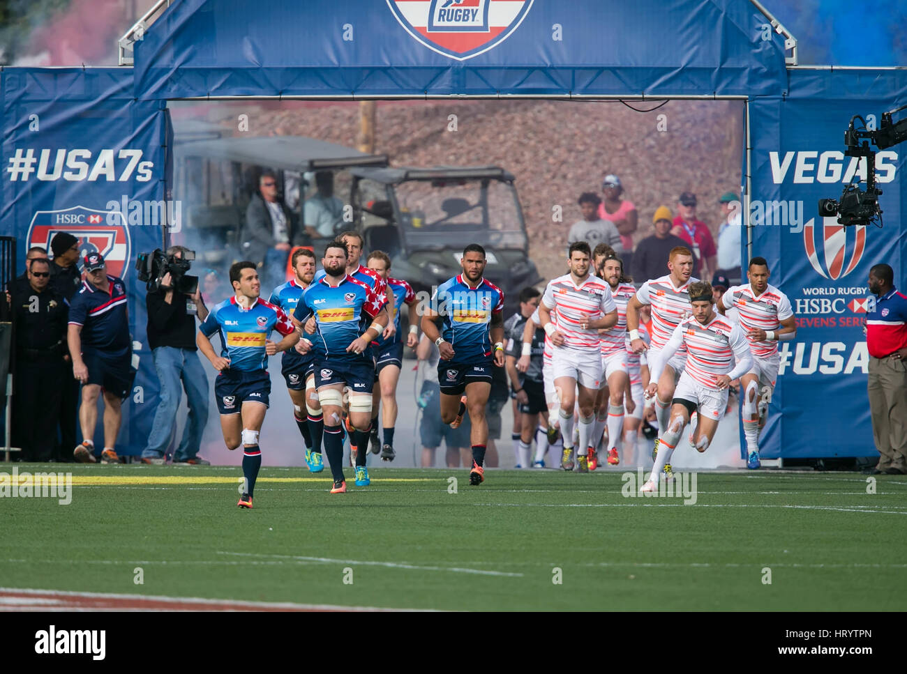 Las Vegas, NV, USA. 4th Mar, 2017. England' and the US take the field prior to Pool B play of the rugby sevens match between the USA and England at Sam Boyd Stadium in Las Vegas, Nv. England defeated the US 24-17. Damon Tarver/Cal Sport Media/Alamy Live News Stock Photo