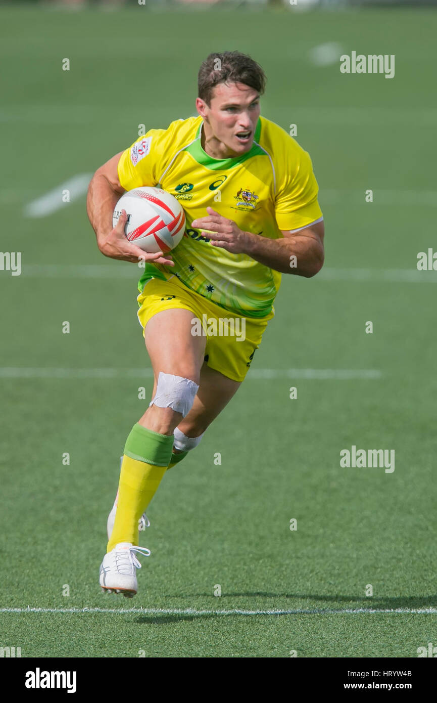 Las Vegas, NV, USA. 4th Mar, 2017. Ed Jenkins #9 of Australia runs in for a score during Pool D play of the rugby sevens match between Fiji and Australia at Sam Boyd Stadium in Las Vegas, Nv. Fiji defeated Australia 24-17. Damon Tarver/Cal Sport Media/Alamy Live News Stock Photo