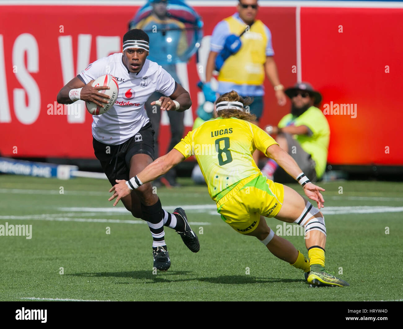 Las Vegas, NV, USA. 4th Mar, 2017. Kalione Nasoko #3 of Fiji in action during Pool d play of the rugby sevens match between the Fiji and Australia at Sam Boyd Stadium in Las Vegas, Nv. Fiji defeated the Australia 24-17. Damon Tarver/Cal Sport Media/Alamy Live News Stock Photo