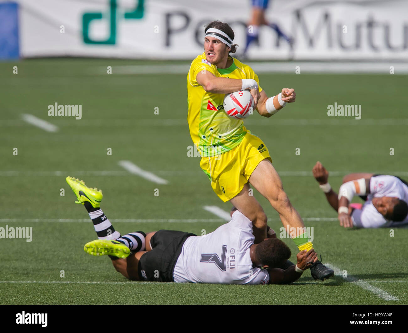 Las Vegas, NV, USA. 4th Mar, 2017. Team Australia's Liam McNamara #2 in action during Pool D play of the rugby sevens match between Australia and Fiji at Sam Boyd Stadium in Las Vegas, Nv. Fiji defeated Australia 24-17. Damon Tarver/Cal Sport Media/Alamy Live News Stock Photo