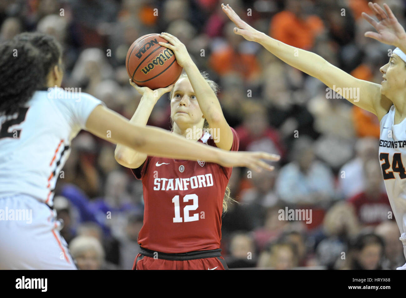 Seattle, WA, USA. 5th Mar, 2017. Stanford's Brittany McPhee (12) attempting a 3 point shot during the PAC12 women's tournament final between the Oregon State Beavers and the Stanford Cardinal. The game was played at Key Arena in Seattle, WA. Jeff Halstead/CSM/Alamy Live News Stock Photo